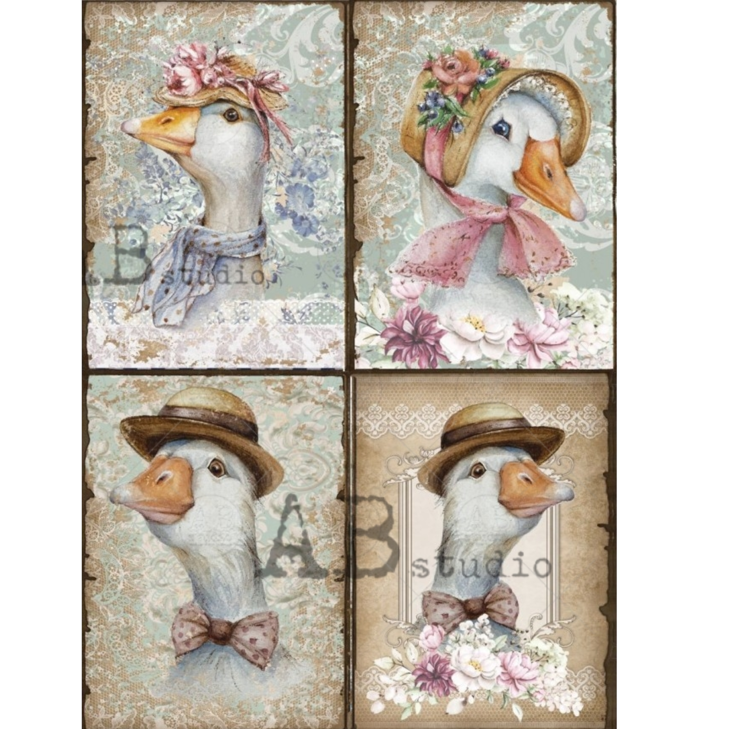 Four images of ducks in hats posing for portraits.