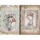 Two image sheet of ducks with floral hats on a harlequin and lace textured background.