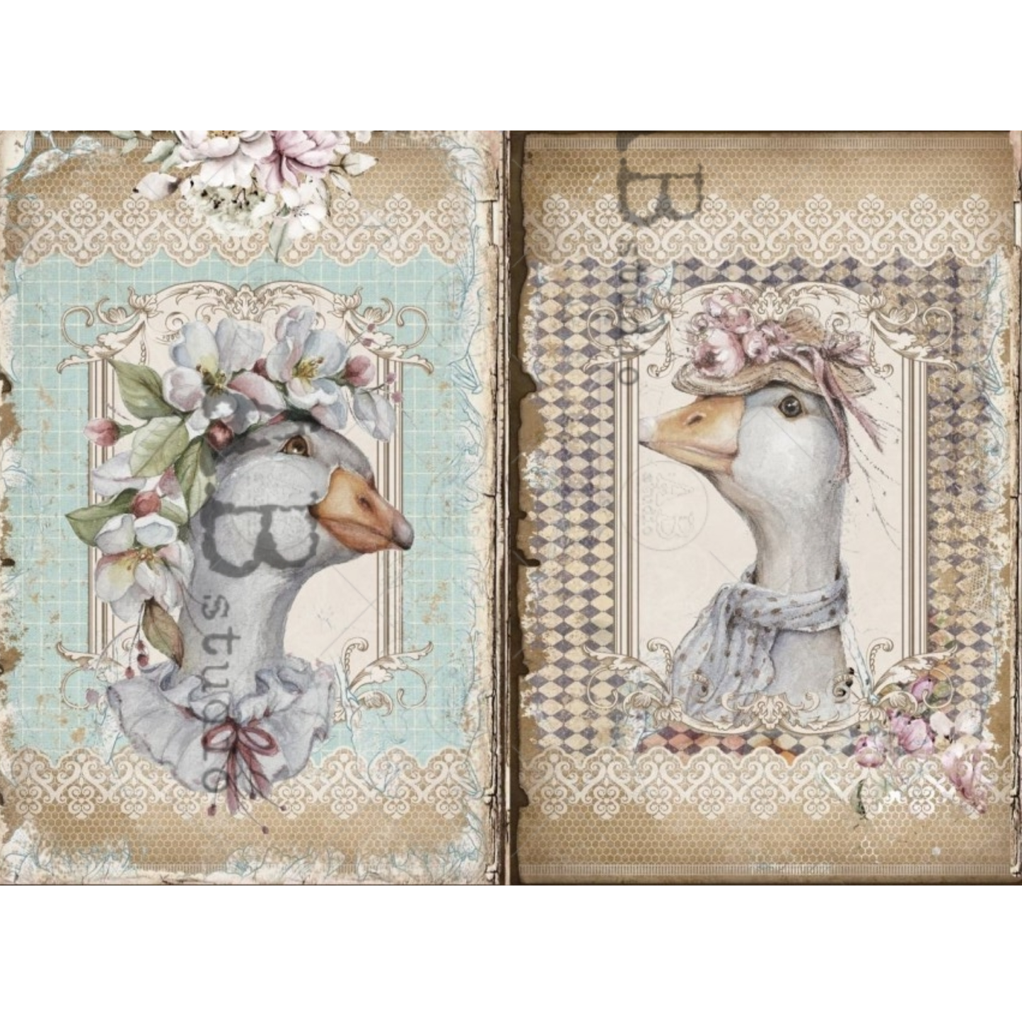 Two image sheet of ducks with floral hats on a harlequin and lace textured background.