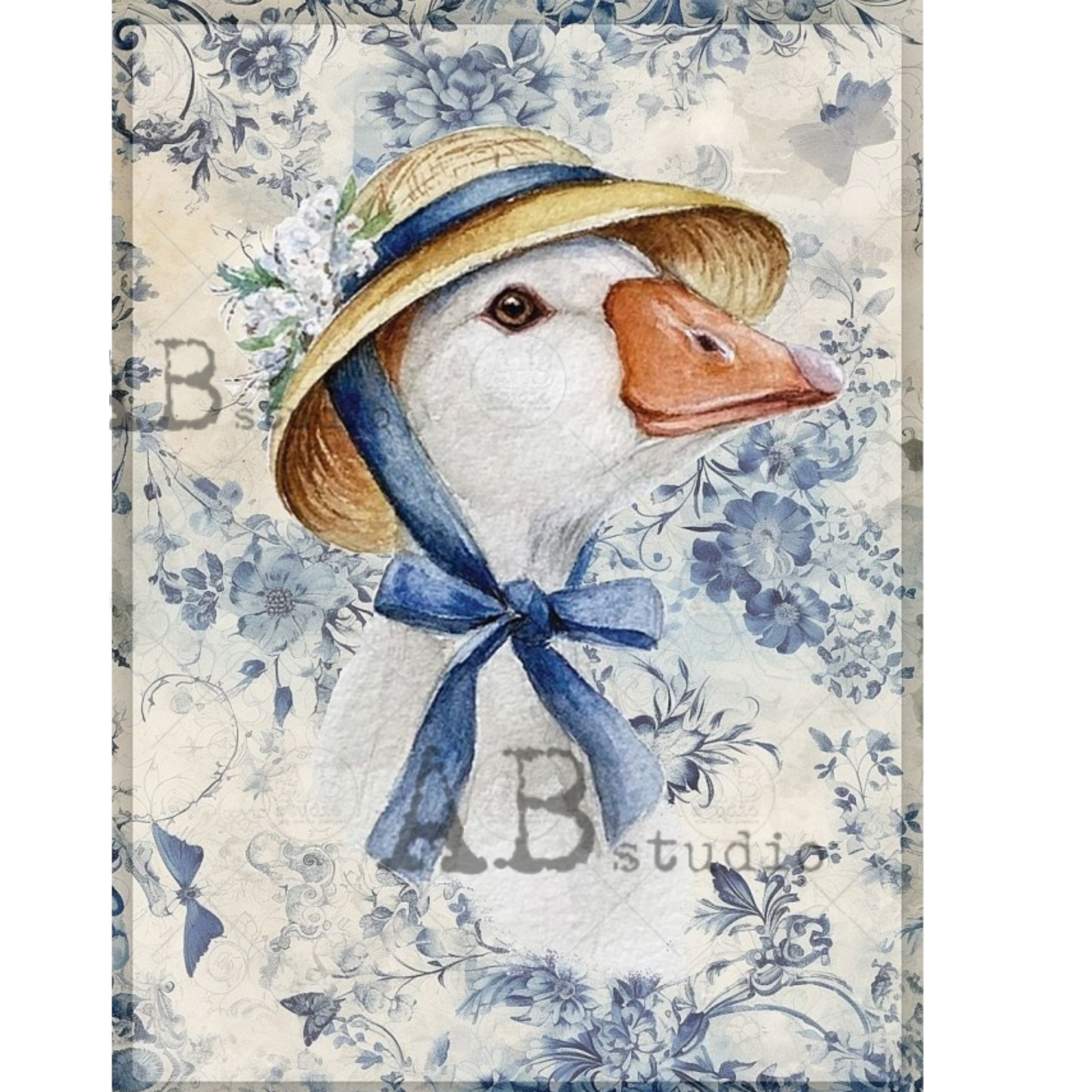 Portait of a duck wearing a bonnet with a blue ribbon on a blue and white floral background.