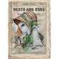 Side portrait of a duck wearing a bonnet with a gree bow over printed text.