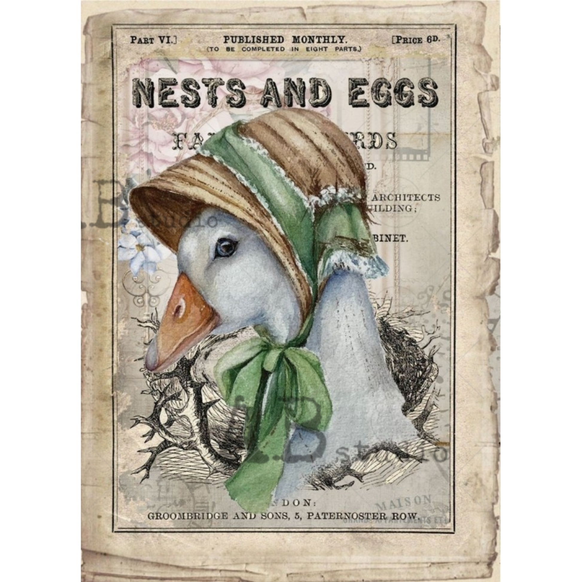 Side portrait of a duck wearing a bonnet with a gree bow over printed text.