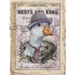 Portrait of a male duck wearing a tie and felt hat over printed text background.