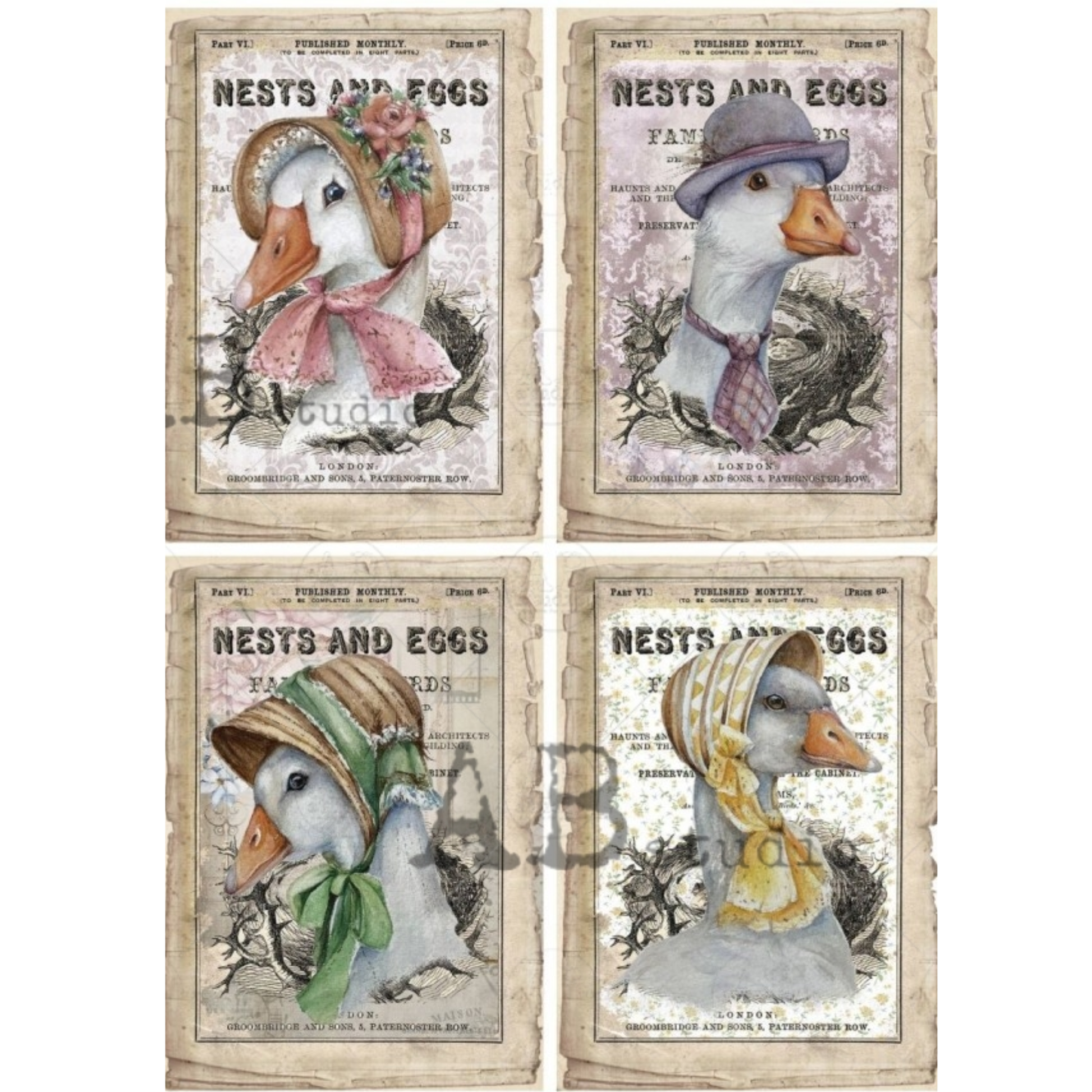 Four image sheet in well dressed ducks in hats posing for portraits over pinted text.