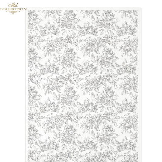 White paper with black floral toile pattern.
