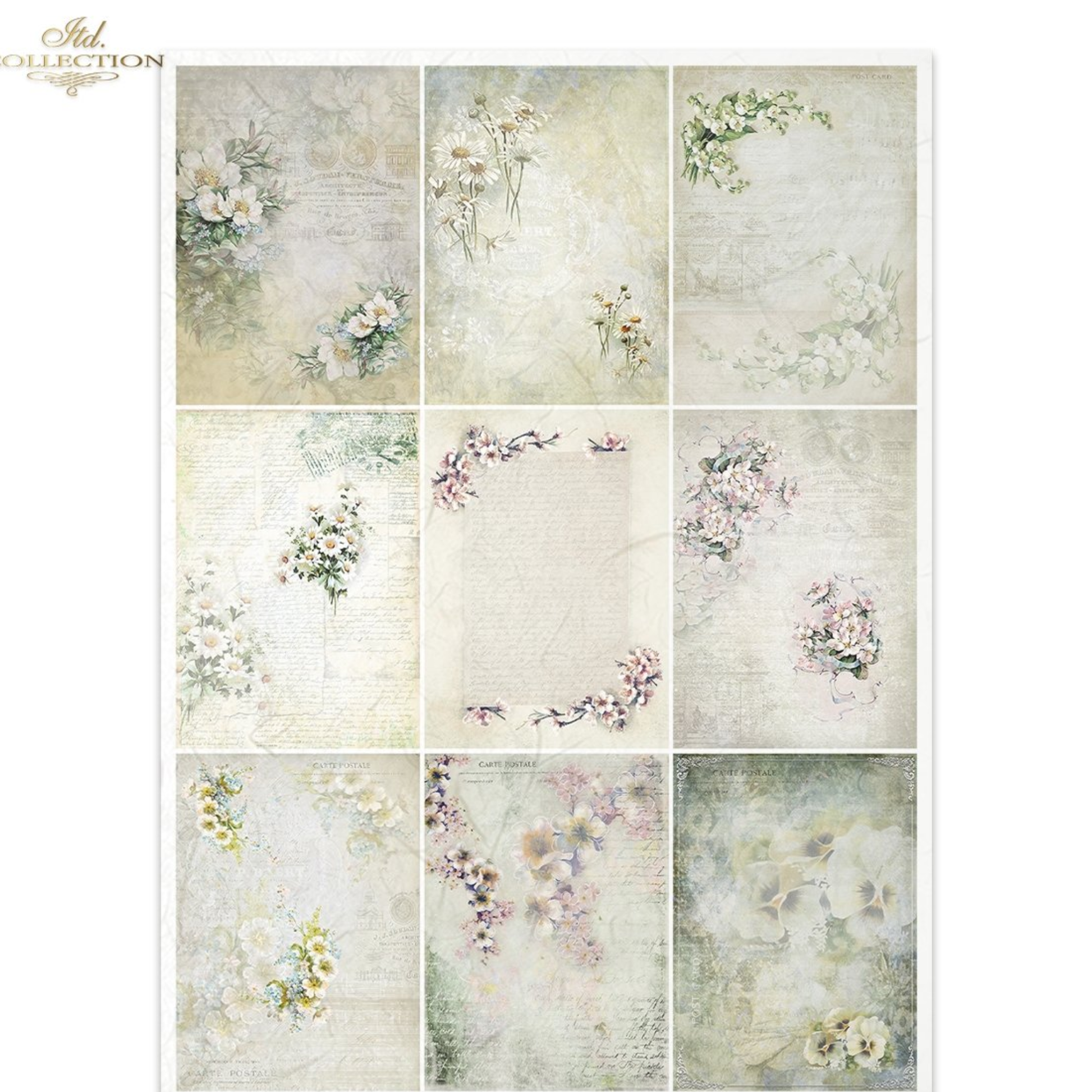 Collection of  nine floral designs on a textured background.