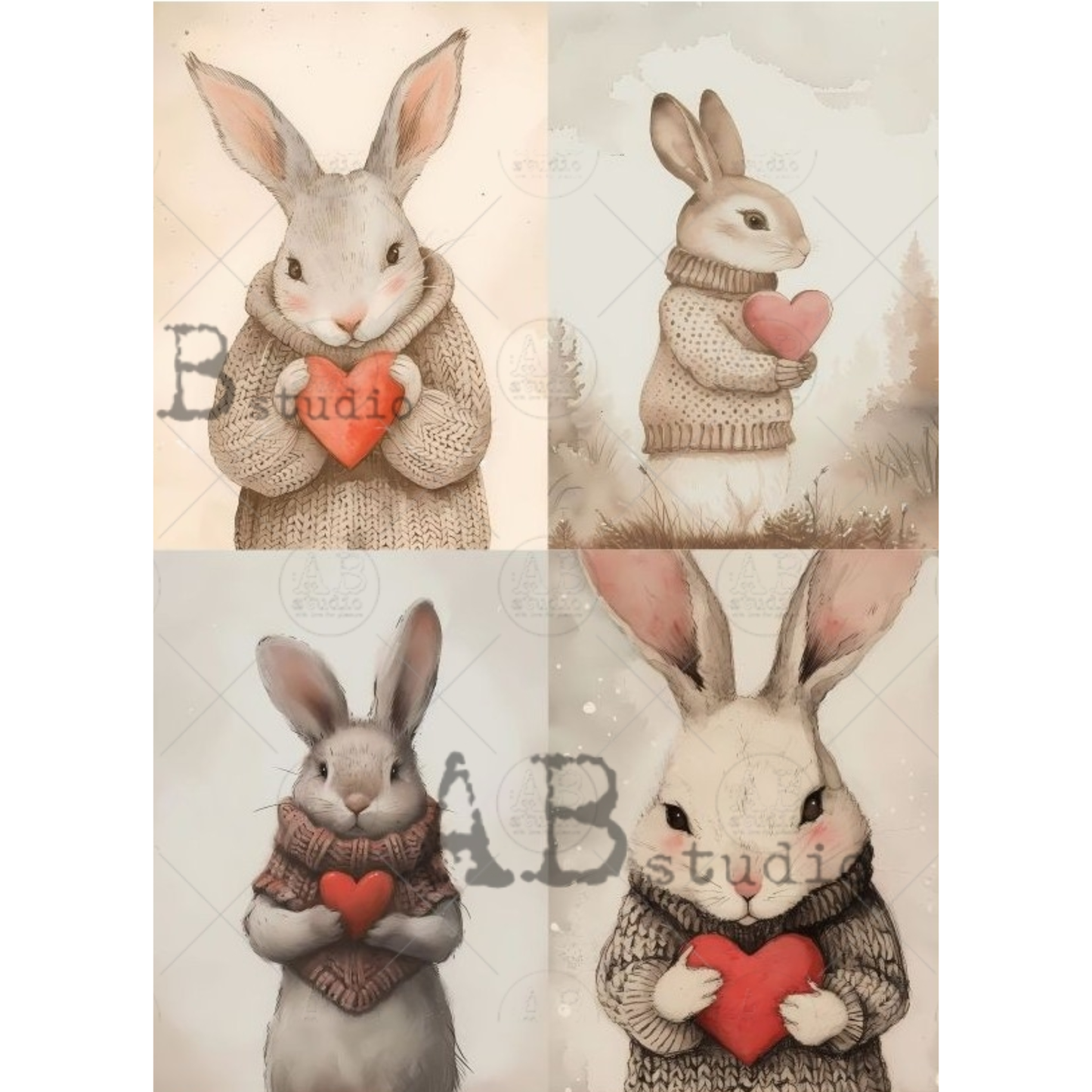 Four illustrations of a rabbit wearing a turtleneck sweater with a heart in different poses.