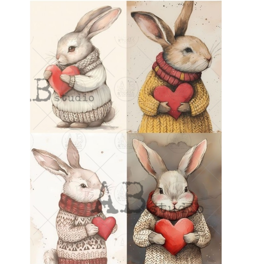 Four illustrations of a rabbit wearing colorful turtleneck sweaters holding a heart in different poses.
