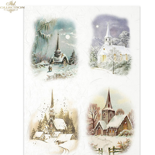 Collage of four winter scenes with churches in a snowy landscape.