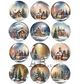 Set of 12 circular images depicting snowy village scenes with houses and trees.