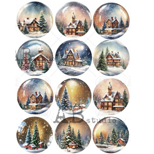 Set of 12 circular images depicting snowy village scenes with houses and trees.