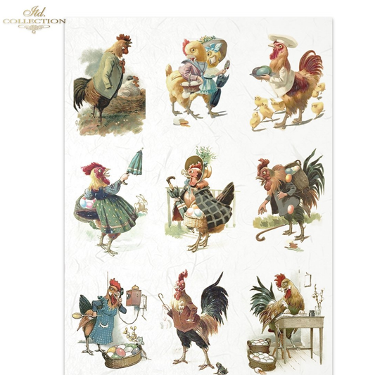 Twelve illustrated roosters and hens in various animated poses on a white background.