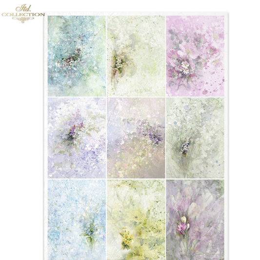 Collection of floral and abstract designs in soft pastel colors.