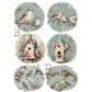 Set of circular illustrations featuring birds and birdhouses on a light blue background.
