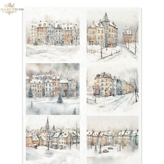 Collage of snowy cityscape illustrations with buildings and streets.
