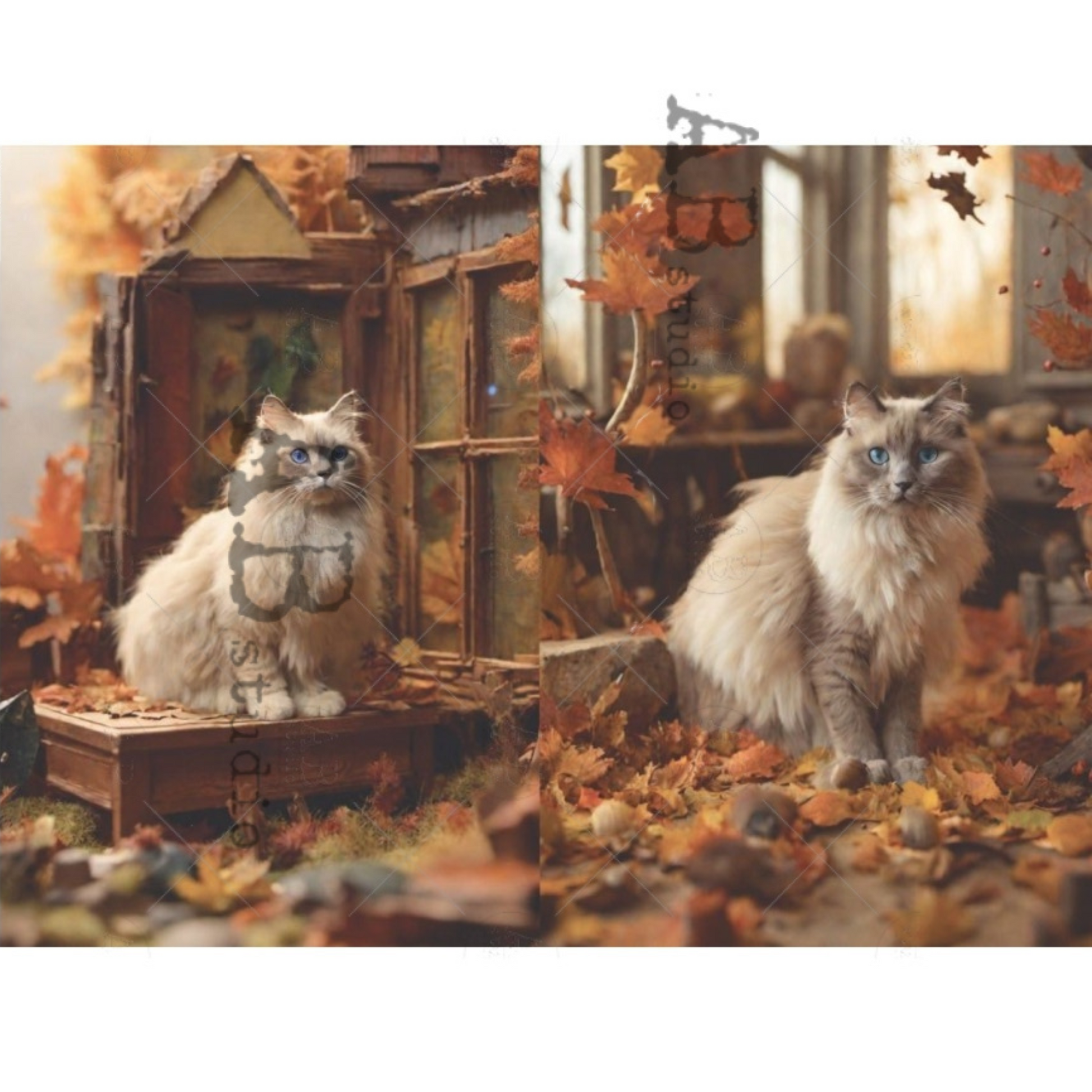 Two cats in a autumn-themed setting with leaves and a small house.