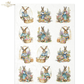 Easter-themed images with bunnies, eggs and baskets on a white background.