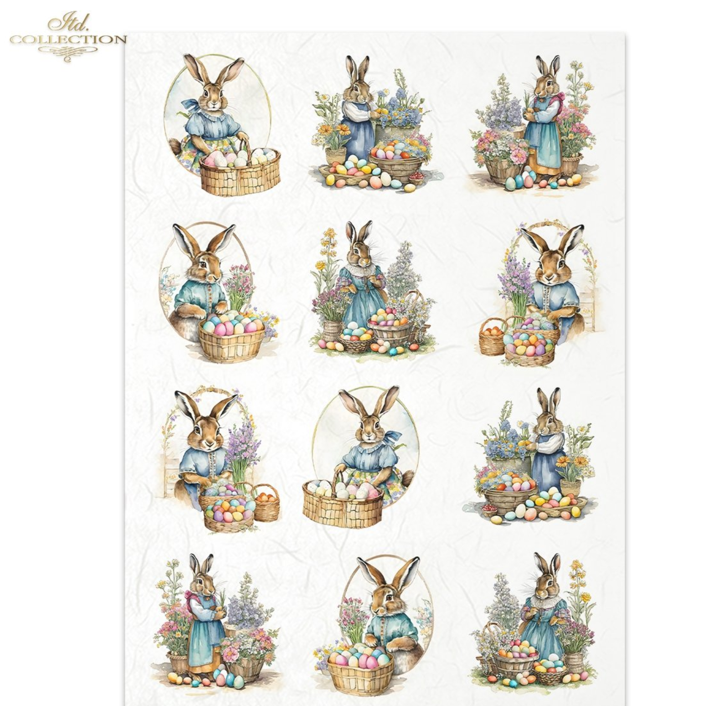 Easter-themed images with bunnies, eggs and baskets on a white background.