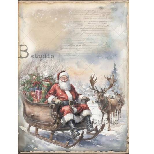 Vintage-style illustration of Santa Claus in a sleigh with reindeer, sitting on a snowy landscape.