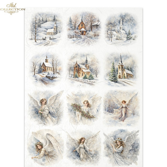 Sheet of Christmas-themed paper with snowy village and angel designs.