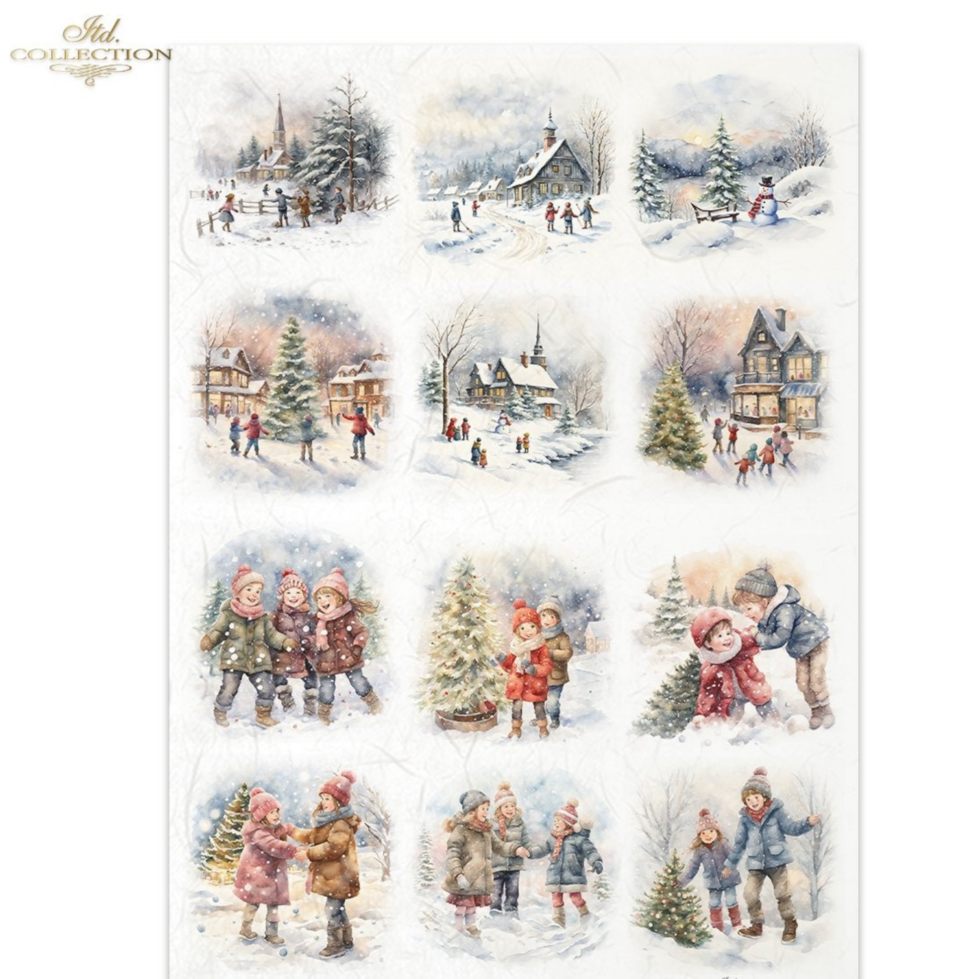 Collection of 12 winter scenes with children and snow activities on a white background.