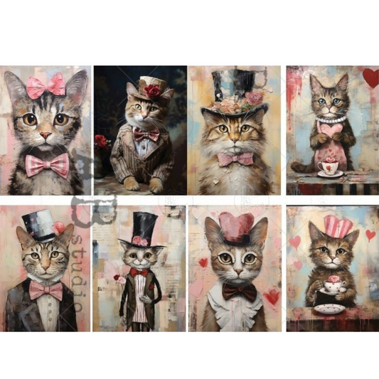 Set of nine valentine's day themed illustrations of cats wearing hats and bow ties on a white background with hearts.