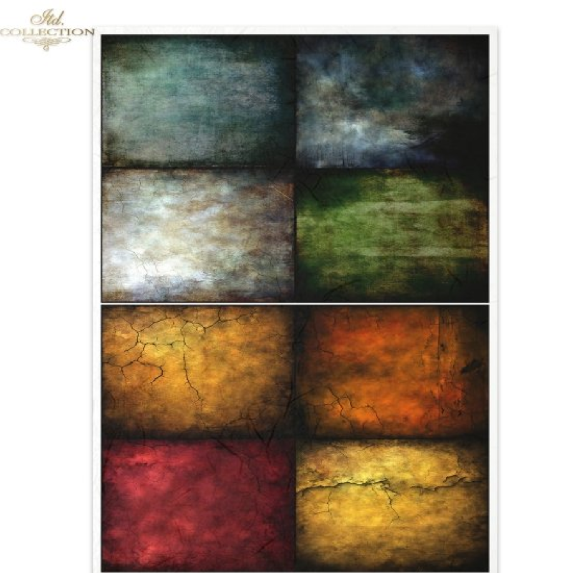 A set of eight textured abstract art panels arranged in a grid, featuring distressed grunge patterns in dark green, gray, olive, gold, orange, red, and yellow tones. 