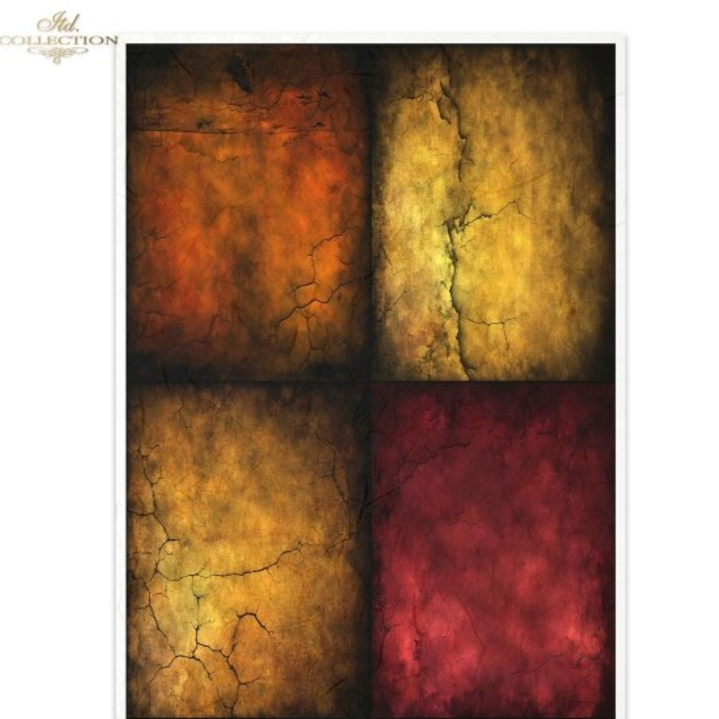 A square abstract art print featuring a four-quadrant cracked texture design in orange, gold, brown, and deep red.