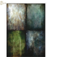 A square abstract design featuring a four-quadrant textured design with distressed grunge effects in muted green, blue, brown, and gray tones.