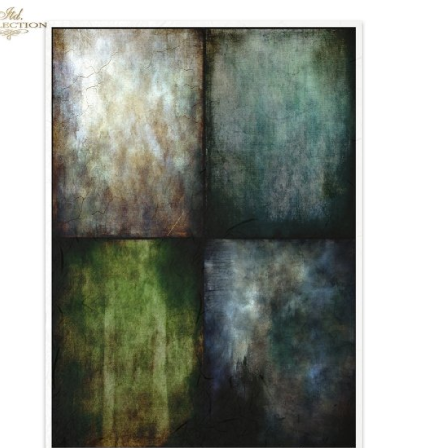A square abstract design featuring a four-quadrant textured design with distressed grunge effects in muted green, blue, brown, and gray tones.