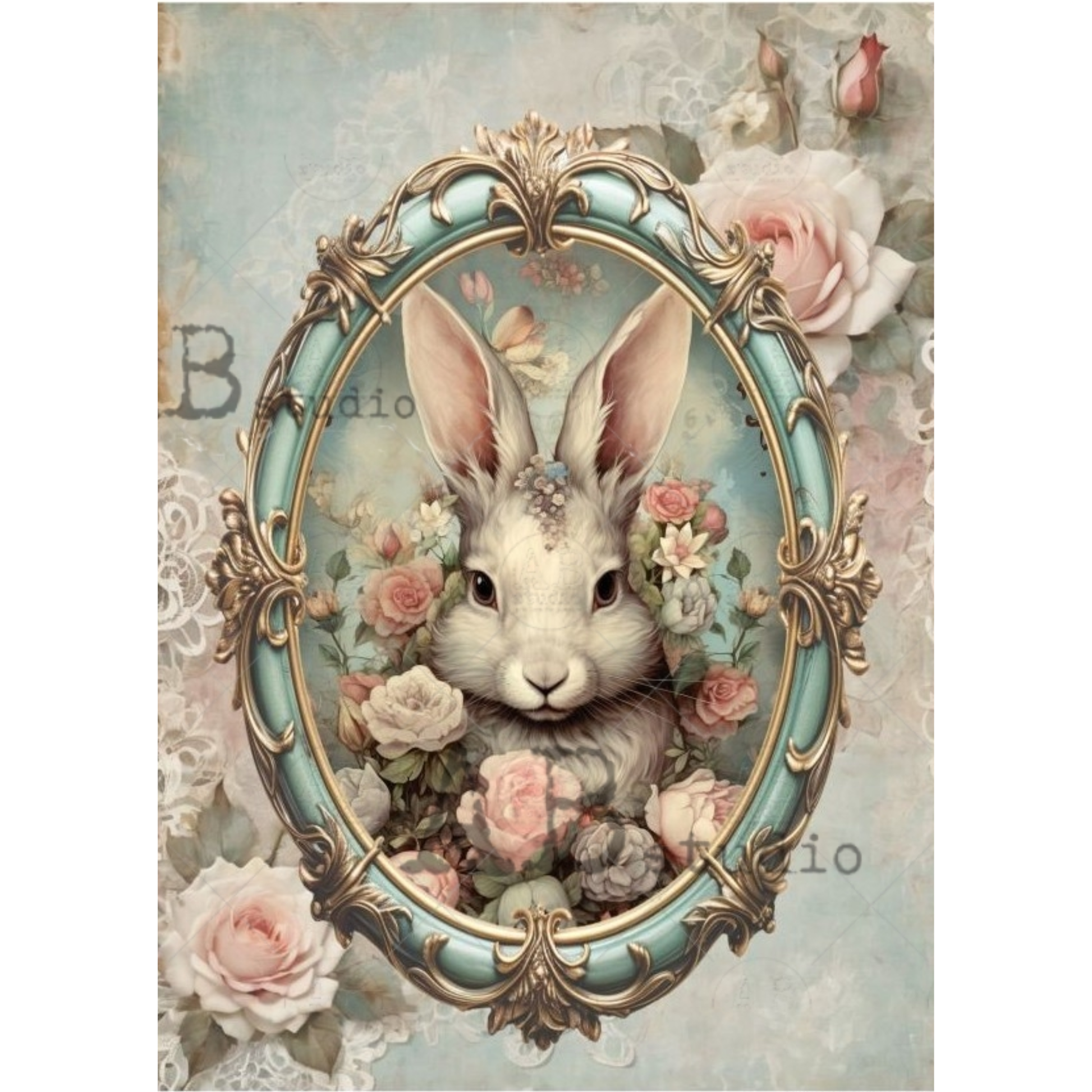 Decorative image of a rabbit surrounded by flowers in an ornate frame.