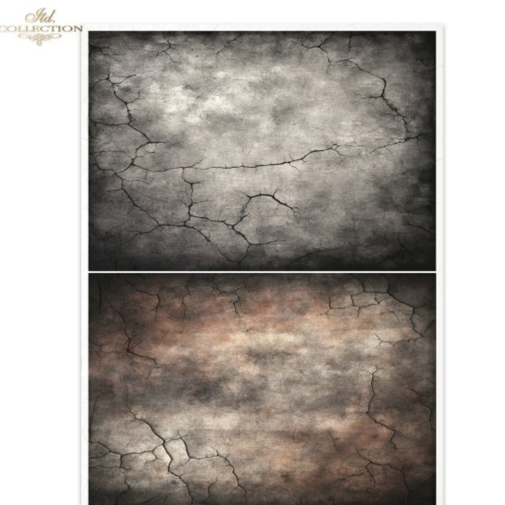 Two rectangular textured backdrop images displayed vertically. The top panel is a distressed gray concrete-like surface with dark cracks and mottled light gray highlights. The bottom is similar with grey and beige tones.