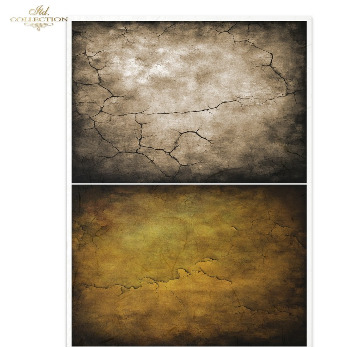 Two abstract backdrop  images of cracked surface on a beige and gold background.