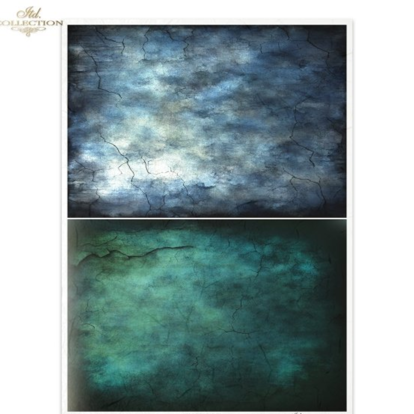 Two abstract backdrop images of cracked surface in deep turquoise and royal blue.