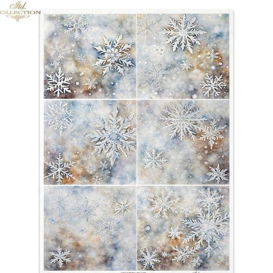 Nine snowflake designs on a textured background.