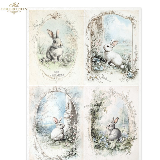 Four illustrations of rabbits in decorative frames with floral elements.