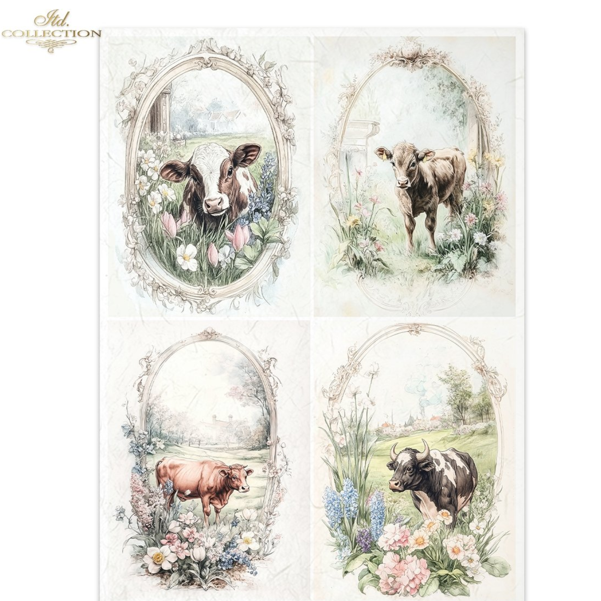 Four decorative illustrations of cows and flowers in a vintage frame design.