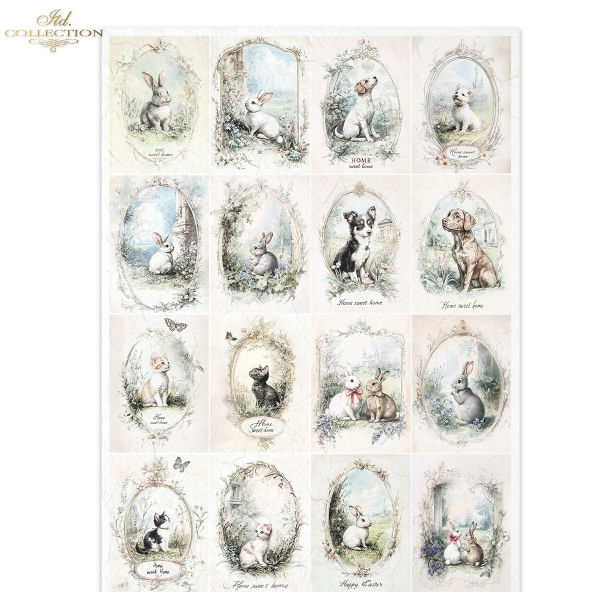Sixteen illustrations of dogs, cats & bunnies in oval frames on a white background.