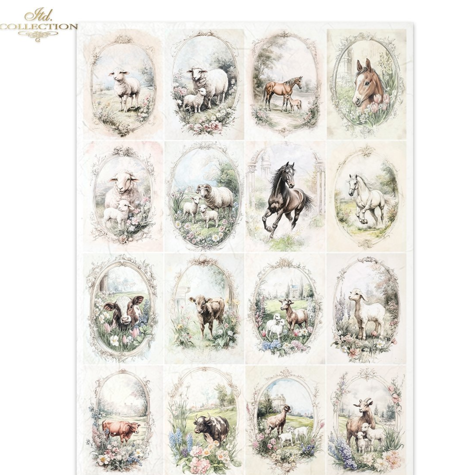 Sixteen oval illustrations of cows, sheep and horses in a pastoral setting.