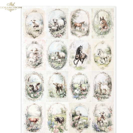 Sixteen oval illustrations of cows, sheep and horses in a pastoral setting.