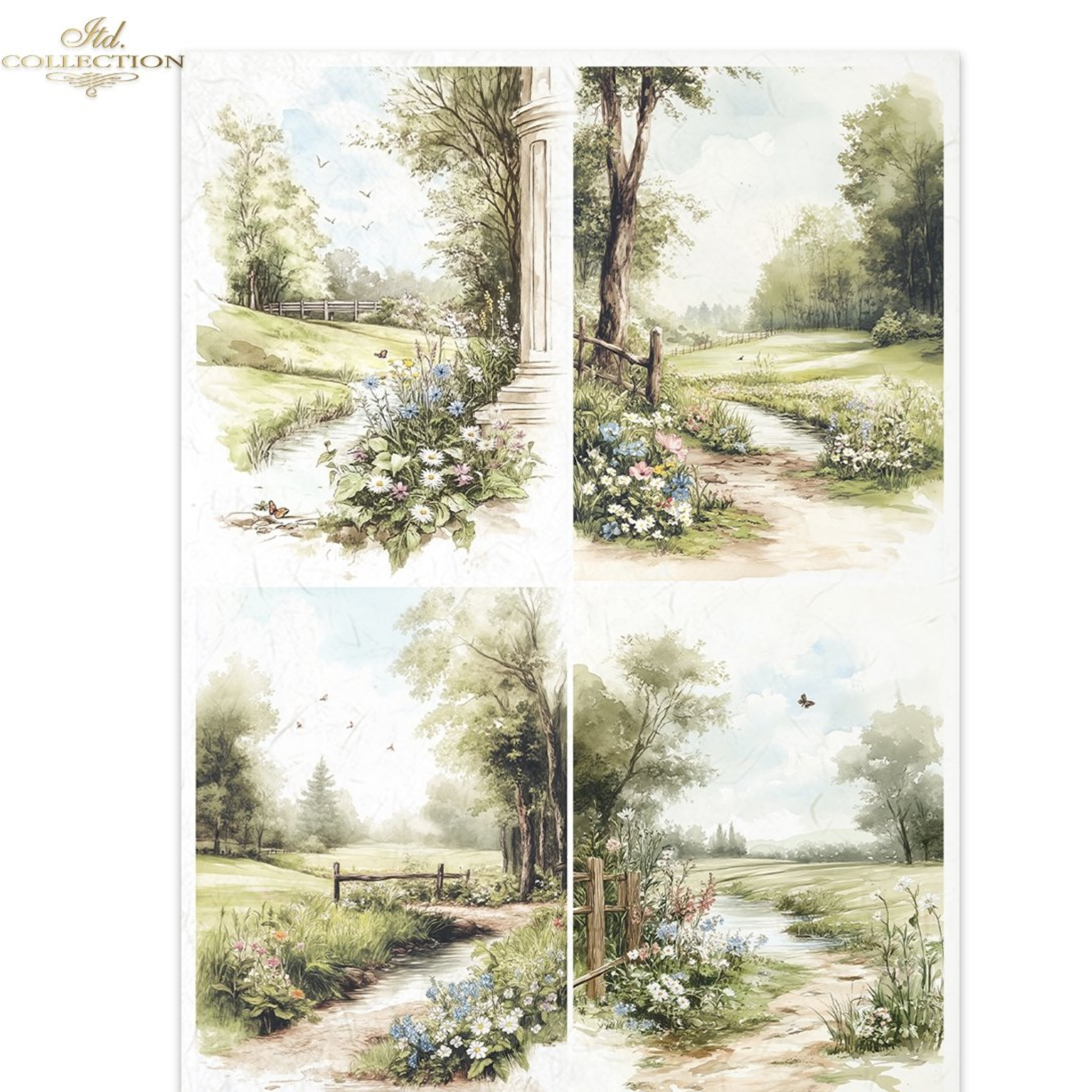 Set of four scenic illustrations with country paths, flowers, and trees.