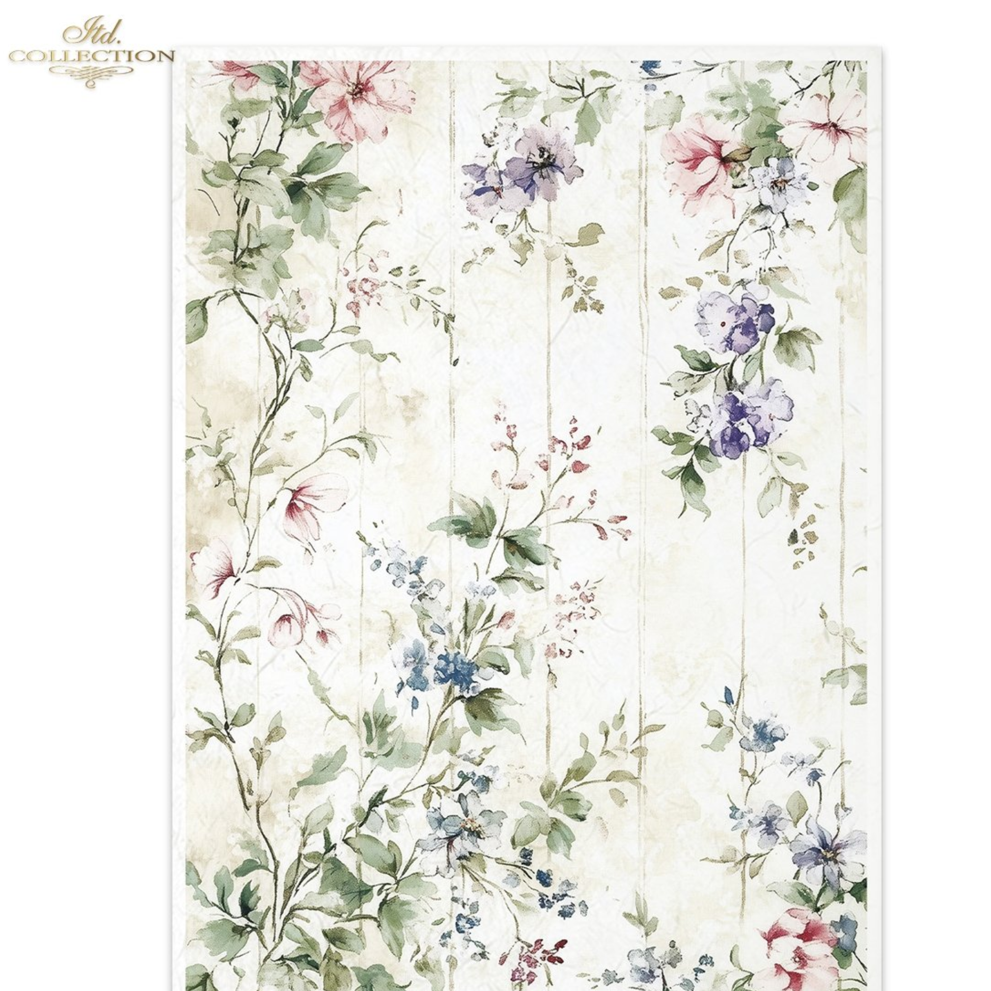 Floral vine design with various flowers and leaves on a light background.