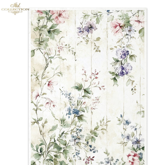 Floral vine design with various flowers and leaves on a light background.