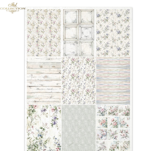 Collection of floral and wooden panel patterns on a white background.