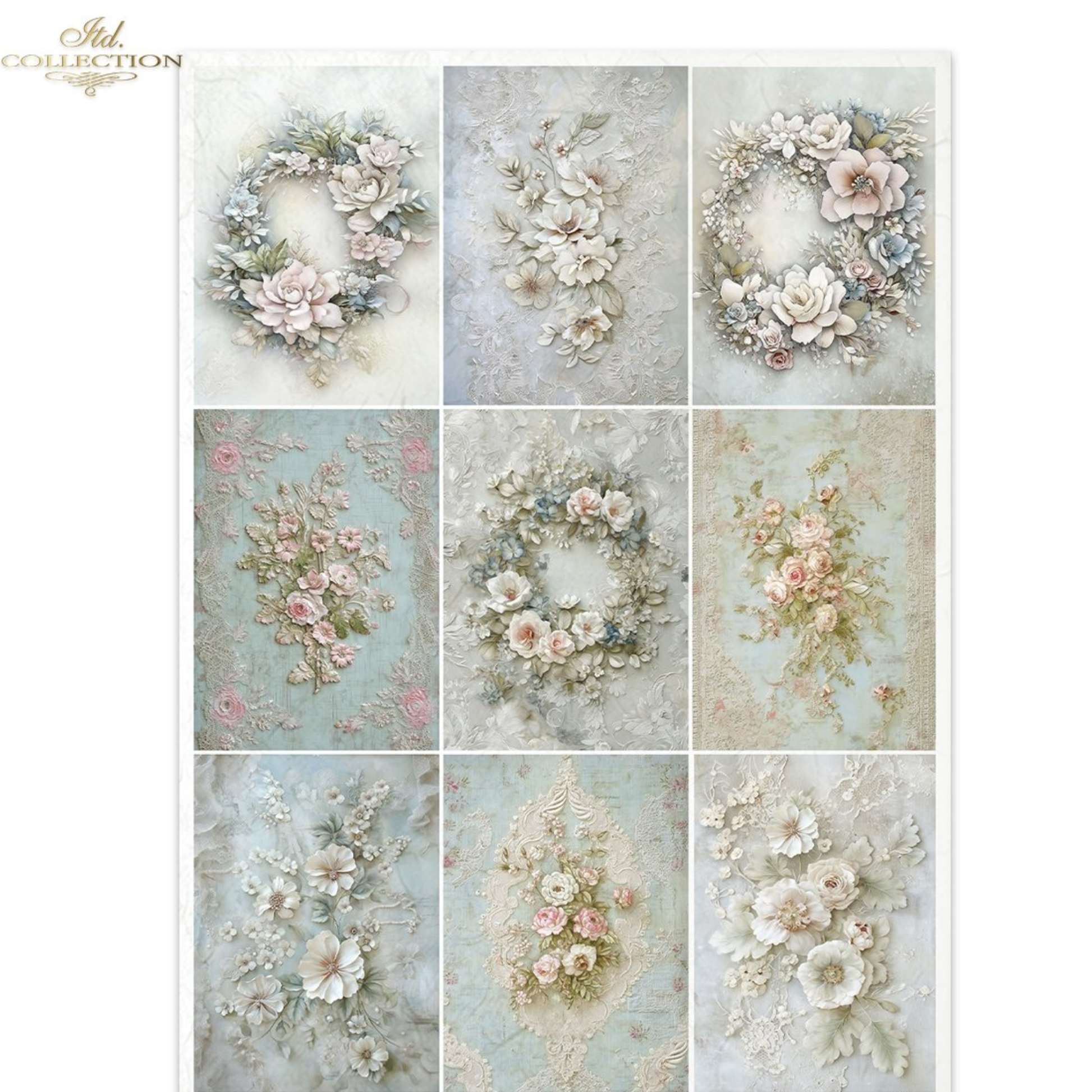 Set of nine floral wreath designs on a textured background