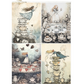 Set of four illustrated cards featuring Alice in Wonderland scenes with teapots and furniture.