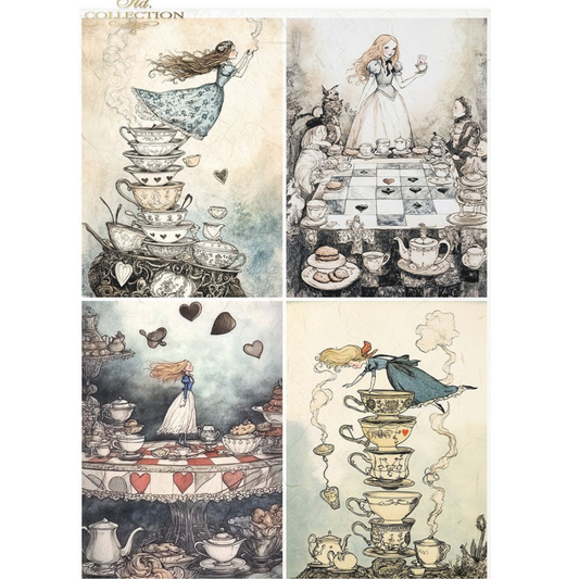 Set of four illustrated cards featuring Alice in Wonderland scenes with teapots and furniture.