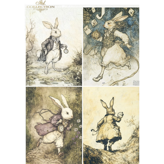 Four illustrations of a white rabbit in various poses with a vintage style.