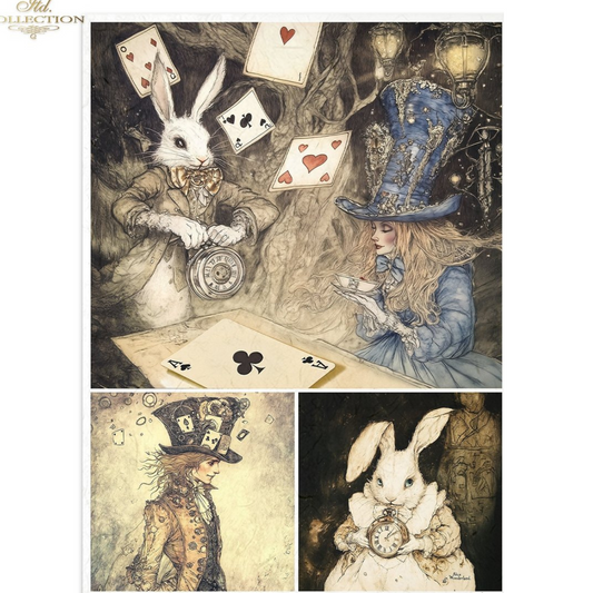 Illustrations of a rabbit and a person with playing cards and a clock, featuring a vintage style.