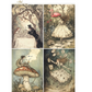 Set of four illustrated cards featuring a girl in a white dress in various fantasy scenarios.